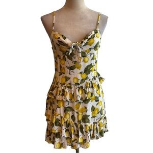 Skylar + Madison Yellow Lemon Print Tie Front Tiered Ruffle Mini Dress Medium